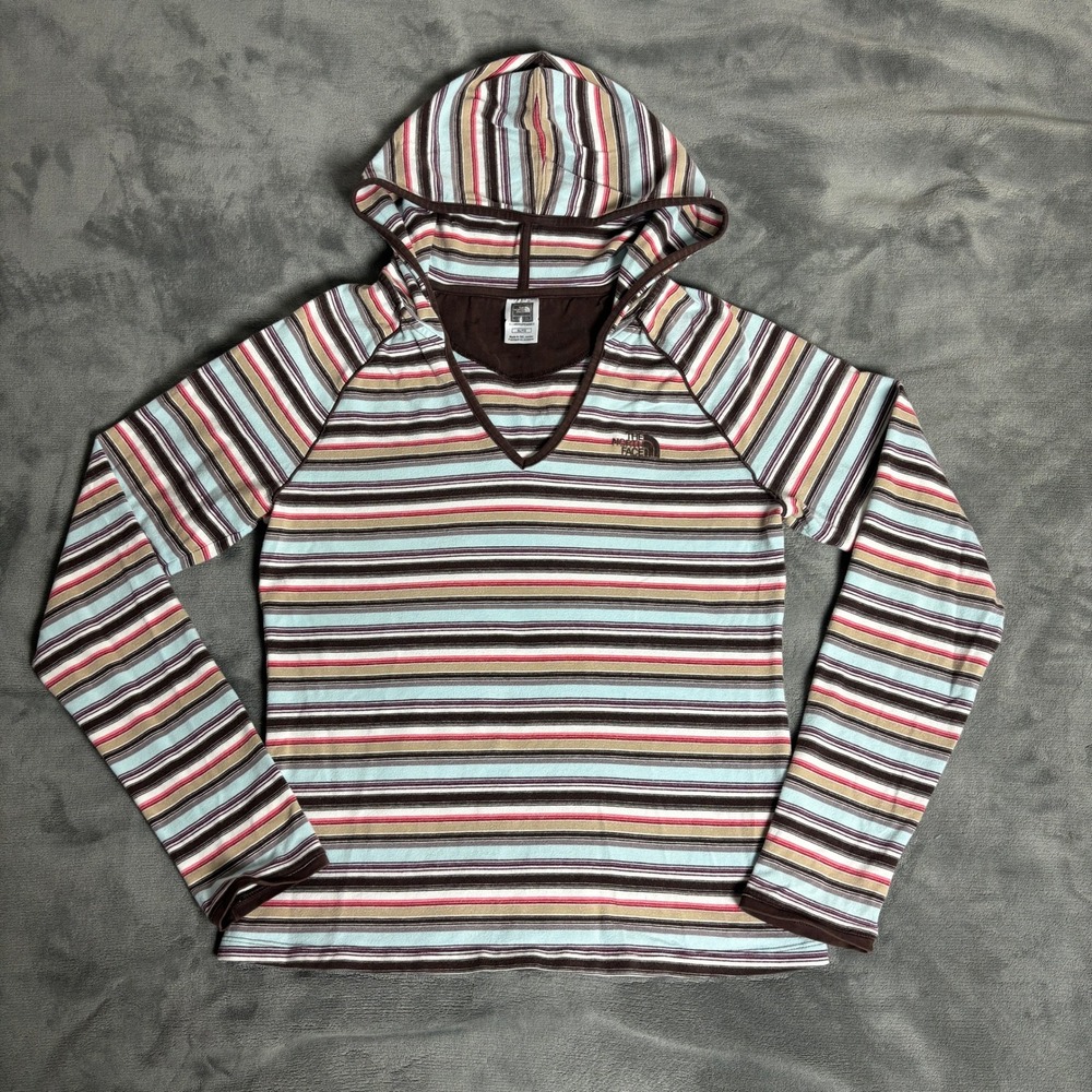 The North Face Women's XL Striped Hooded V Neck Shirt Y2K Outdoor Gorpcore